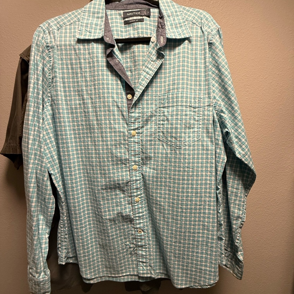 Nautica Men's Aqua Checkered Button Down Shirt